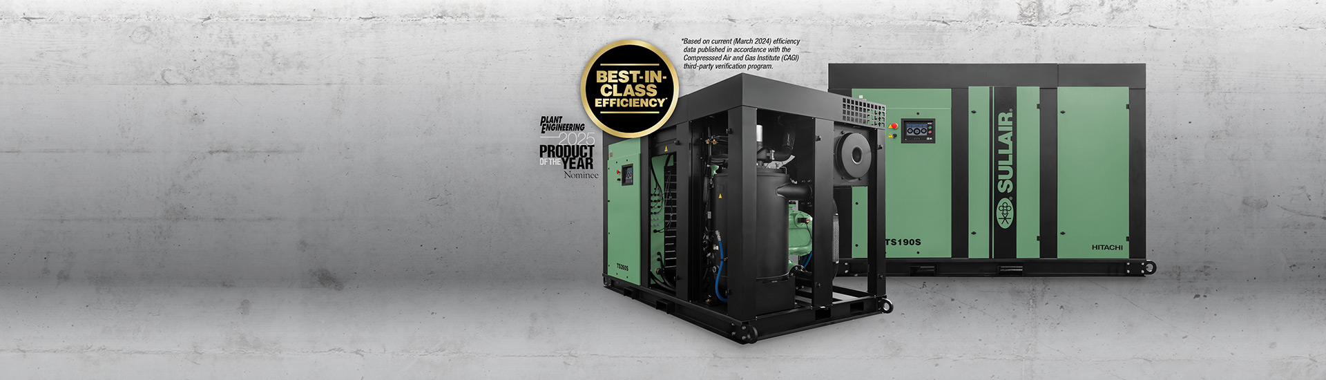 Sullair TS190S industrial air compressor with best-in-class efficiency* badge and Plane Engineering Product of the Year nomination.