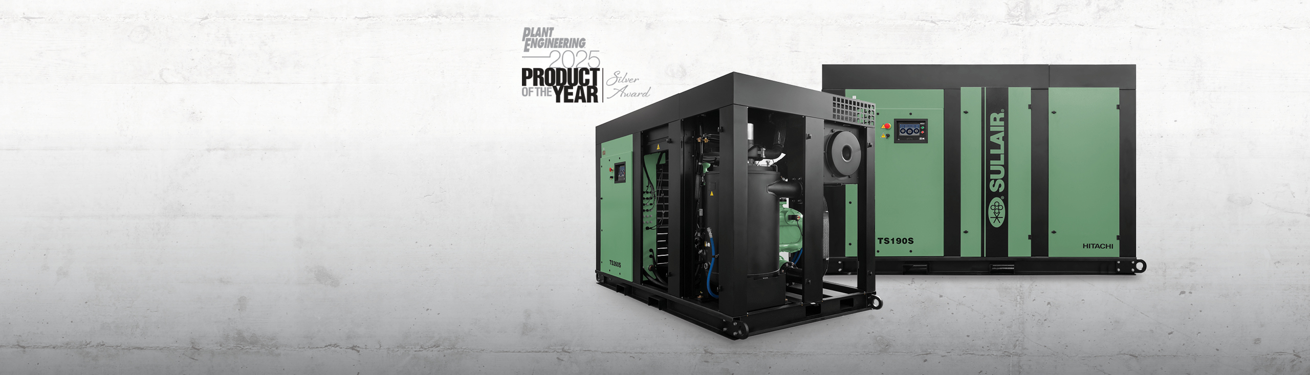 Sullair TS190S industrial air compressor with Plant Engineering Product of the Year 2025 Silver Award announcement.