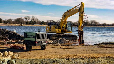 Sullair Tier 4 Final portable air compressor in use on a jobsite