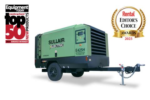 Sullair E425H electric portable air compressor pictured with two industry awards